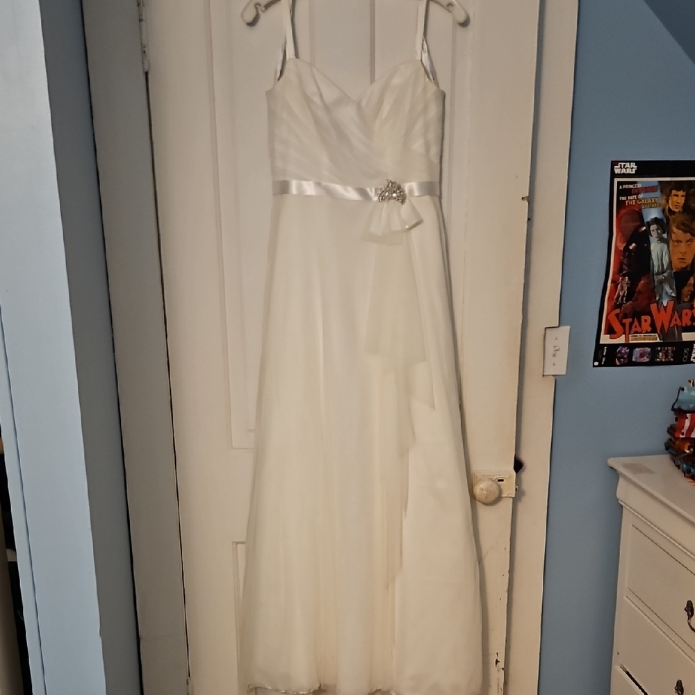 David's Bridal White Wedding Dress with Silver Accents